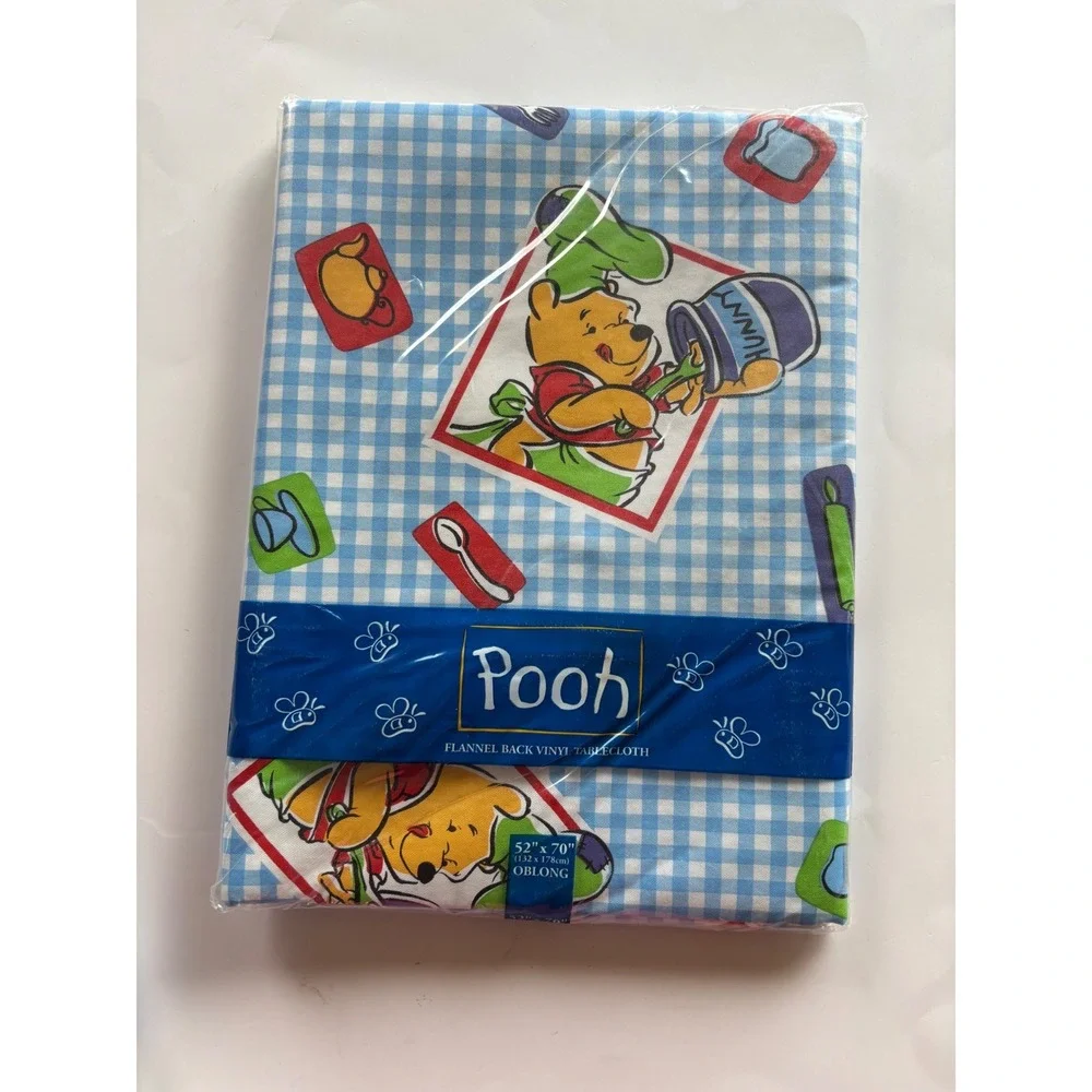 VTG Disney Winnie the Pooh Vinyl Tablecloth 52x70 Oblong Blue Gingham‎ Flannel